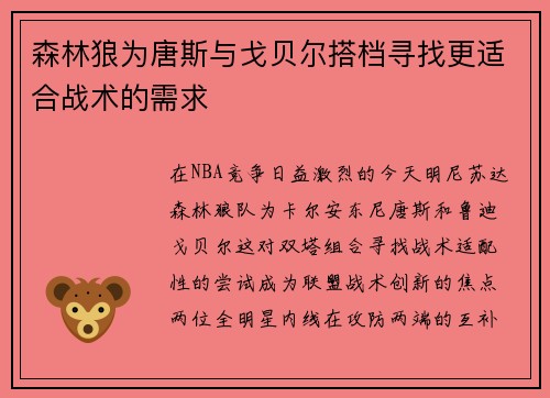 森林狼为唐斯与戈贝尔搭档寻找更适合战术的需求