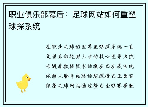 职业俱乐部幕后：足球网站如何重塑球探系统